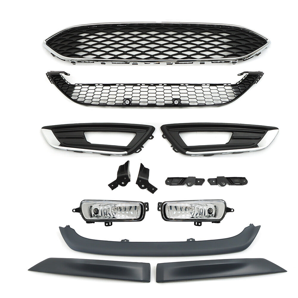 For Focus 2015-2018: Upper and Lower Front Bumper Grill and Fog Light Package and Trim Package n