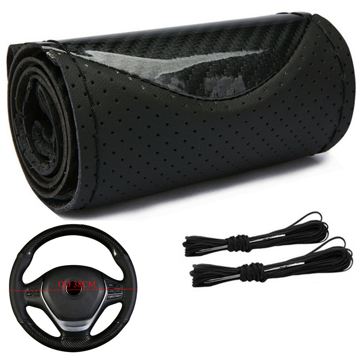 Car Steering Wheel Cover PU Leather Protector DIY Glossy Carbon Fiber Look Trim