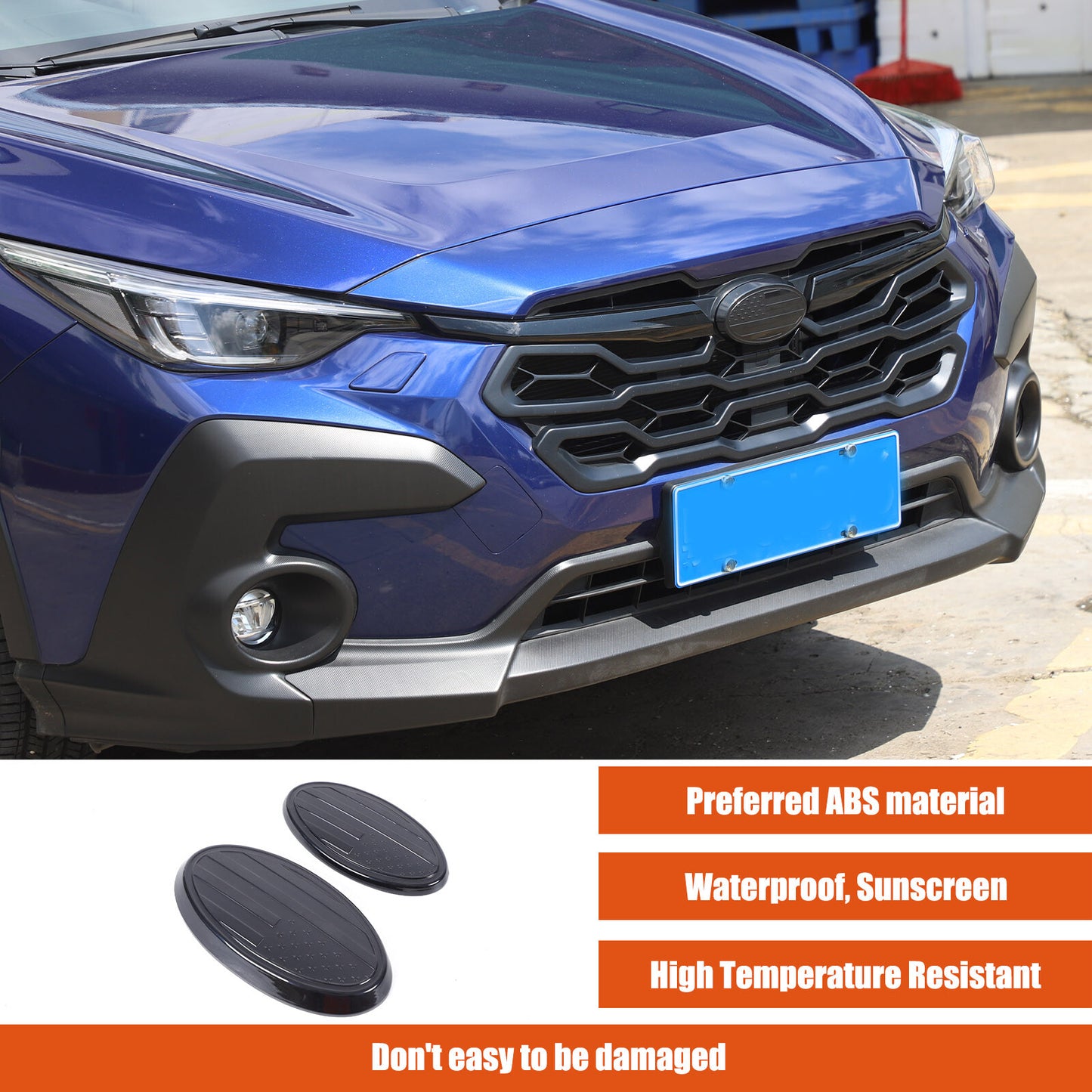 Front and rear tailgate badges with American flag designation for Subaru Crosstrek 2024-2025.