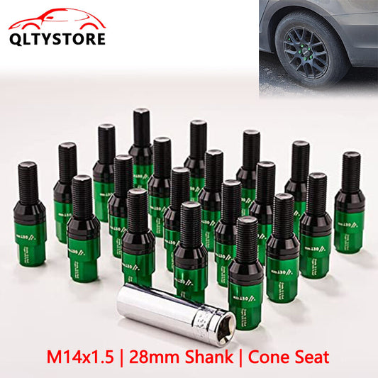 20x M14x1.5 Wheel Lug Bolt 28mm Shank Cone for Seat Stud for Most Aftermarket Green Q