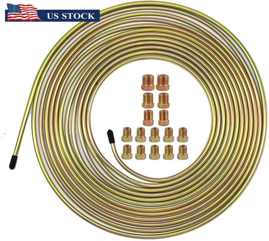 Zinc Steel Brake Line Tubing Kit 3/16 Inches OD 25 Ft Coil Roll  Gold Fittings Q