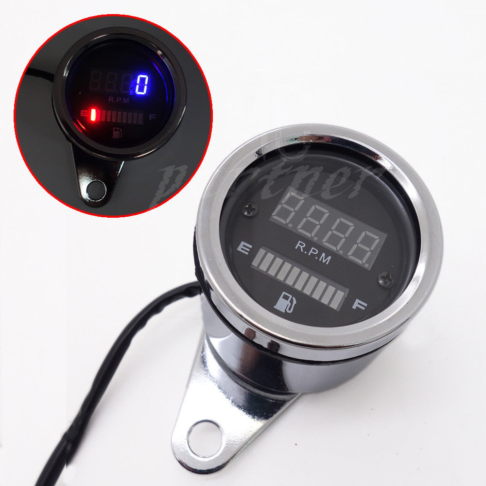 12V Chrome 2 in 1 LED Tachometer Gauge Fuel Oil Digital Motorcycle Gauge Combo Q
