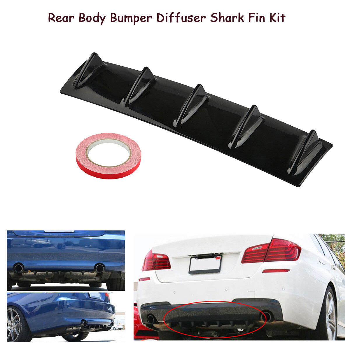 Shark Fin 5 Wing Lower Lip Rear Bumper Diffuser Spoiler Gloss Black Universal