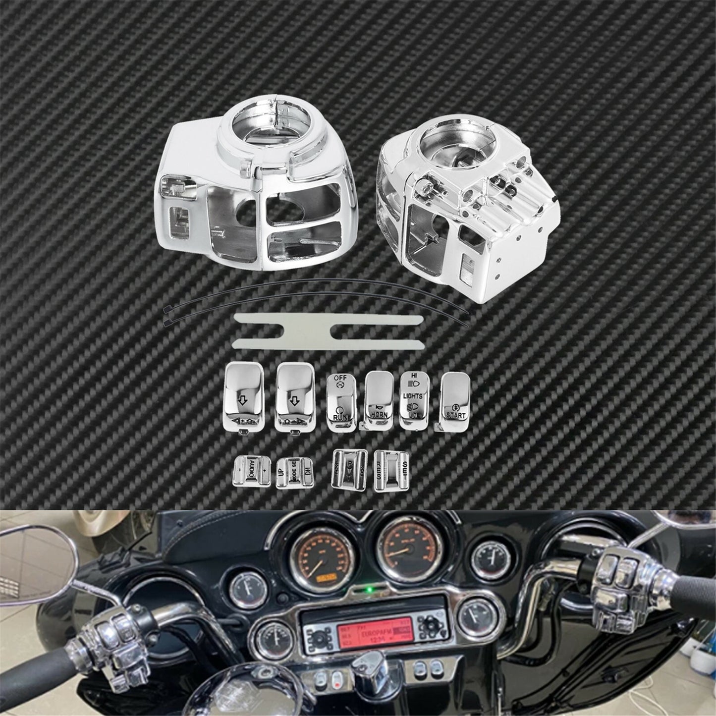 Chrome Cap Buttons + Handlebar Control Switch Housing Cover for Harley Touring Q