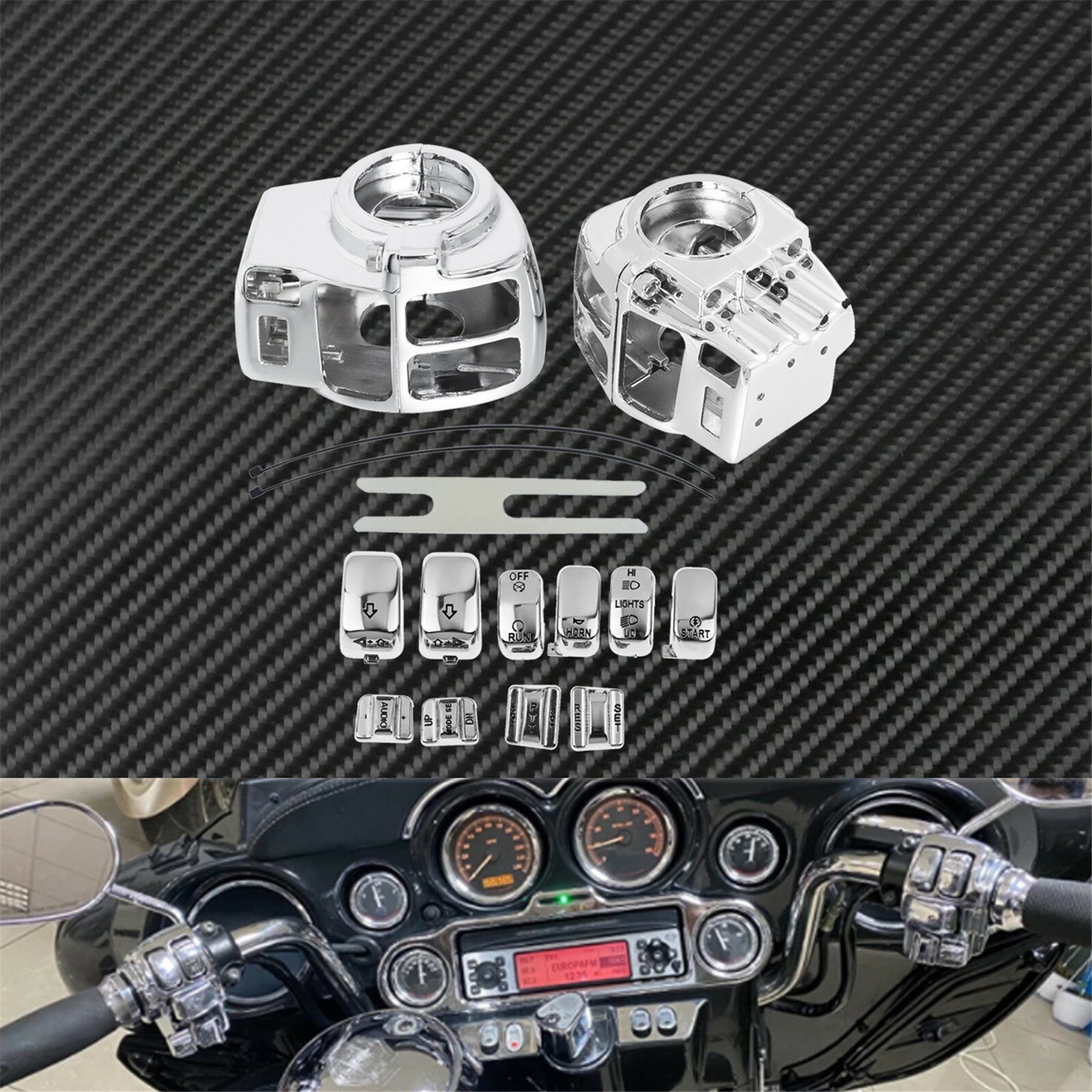 Chrome Cap Buttons + Handlebar Control Switch Housing Cover for Harley Touring Q