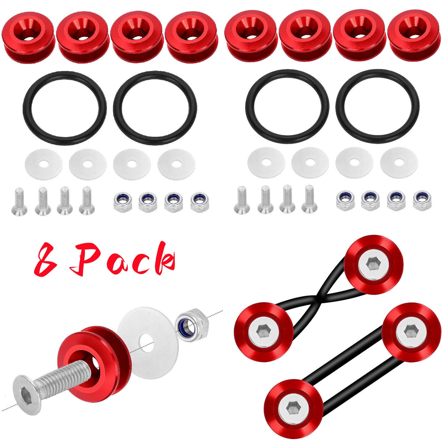 Red JDM Quick Release Fastener Bumper Cover Set for Car Trunk Fender Latch Cover (8 Pieces)