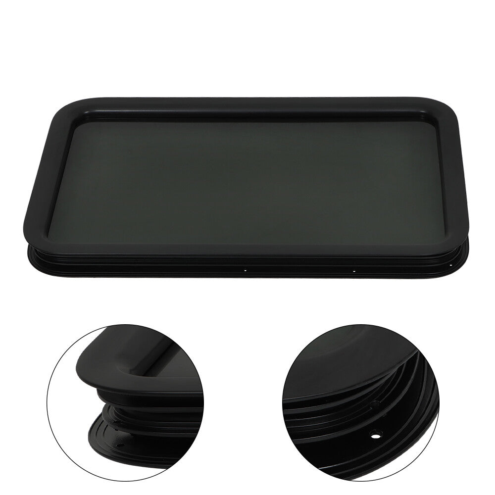 RV entrance, doors and windows, black trailer campervan with stained glass - n