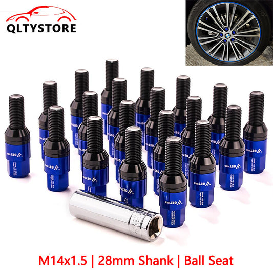 20x M14x1.5 Wheel Lug Bolt Set 28mm Shank Ball for Seat Studs for Audi for VW for Benz Blue Q