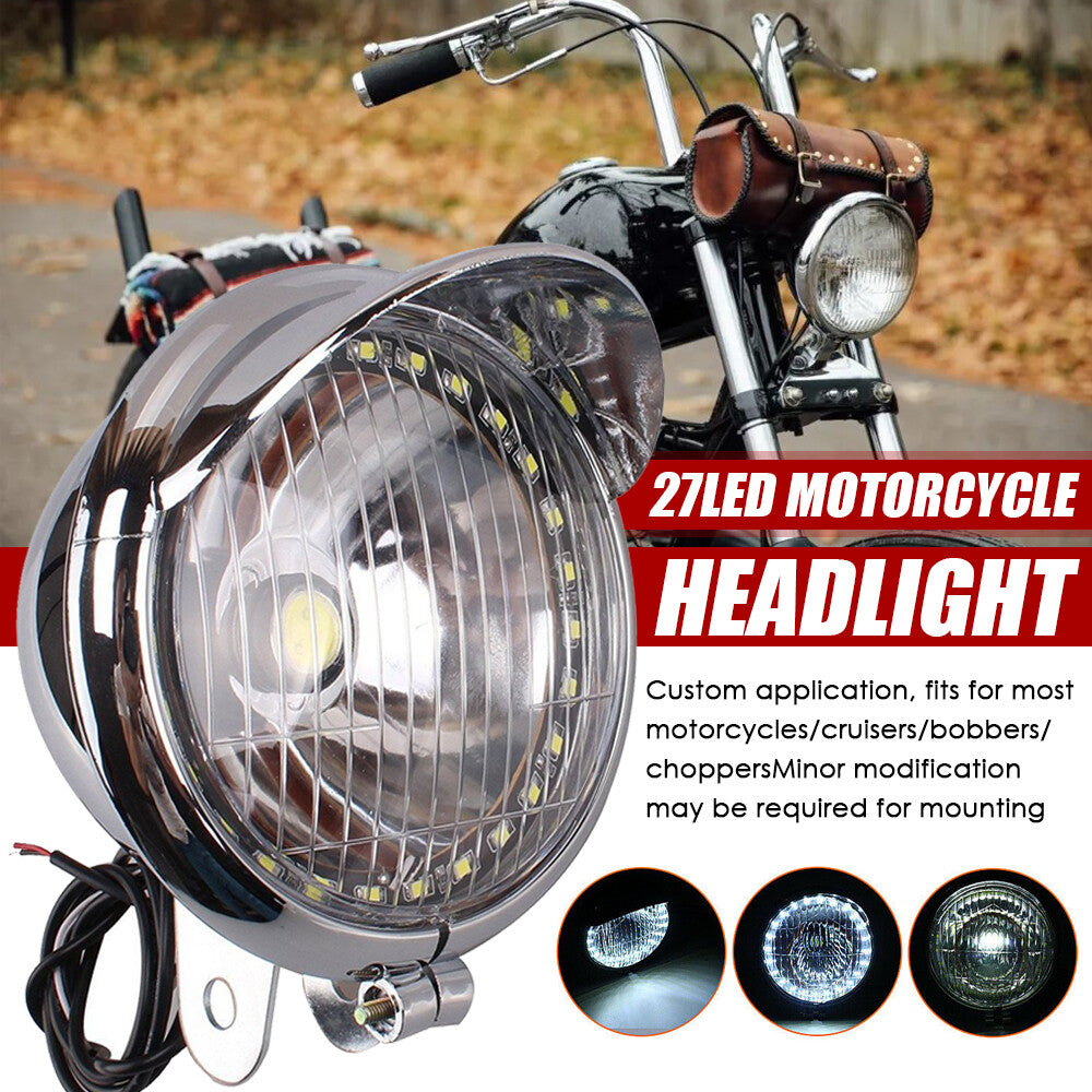 Motorcycle Chrome 27 LED Angel Eye Headlight Headlamp For Bobber Chopper Cruiser Q