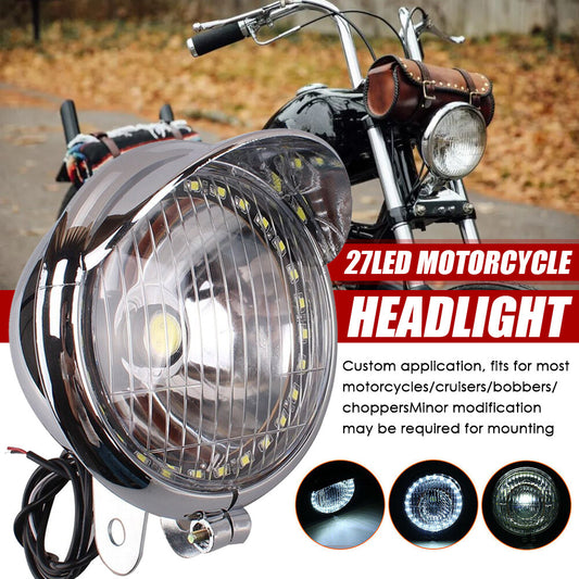 Motorcycle Chrome 27 LED Angel Eye Headlight Headlamp For Bobber Chopper Cruiser Q