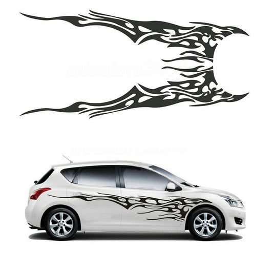 2 Pcs Car Body Side Racing Black Flame Logo Vinyl Decal Graphics Strips Stickers