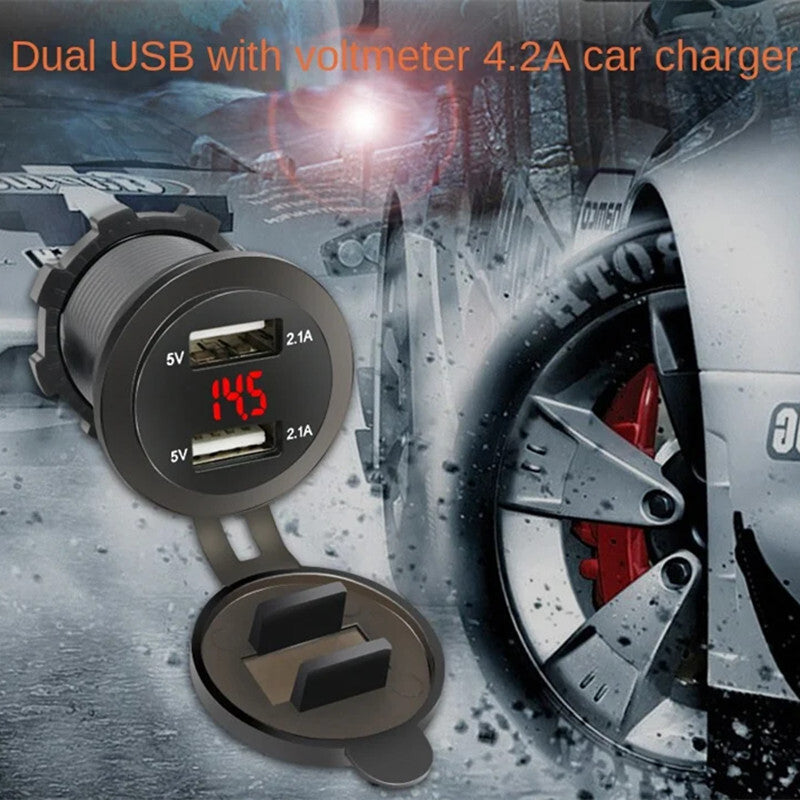 Car Charger Dual 2.1A USB Socket Power Plug LED Voltmeter Fast Charging Adapter