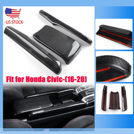 Carbon fiber black interior center armrest box panel for 2016-2021 for Honda Civics.