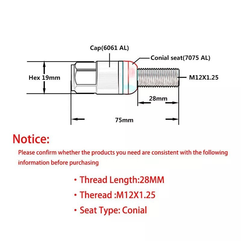 20PC 28mm M12x1.25 Wheel Lug Bolt Cone for Seat Studs for Jeep for Chrysler for Dodge Purple