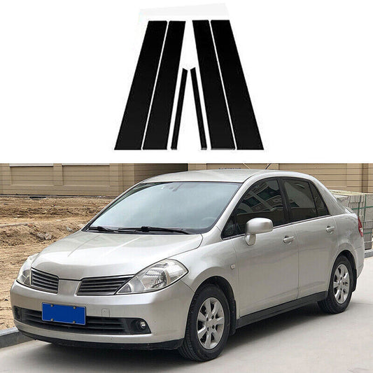 6X Piano Black Pillar Post Door Window Trim for Nissan Tiida4DoorSedan 06-2011