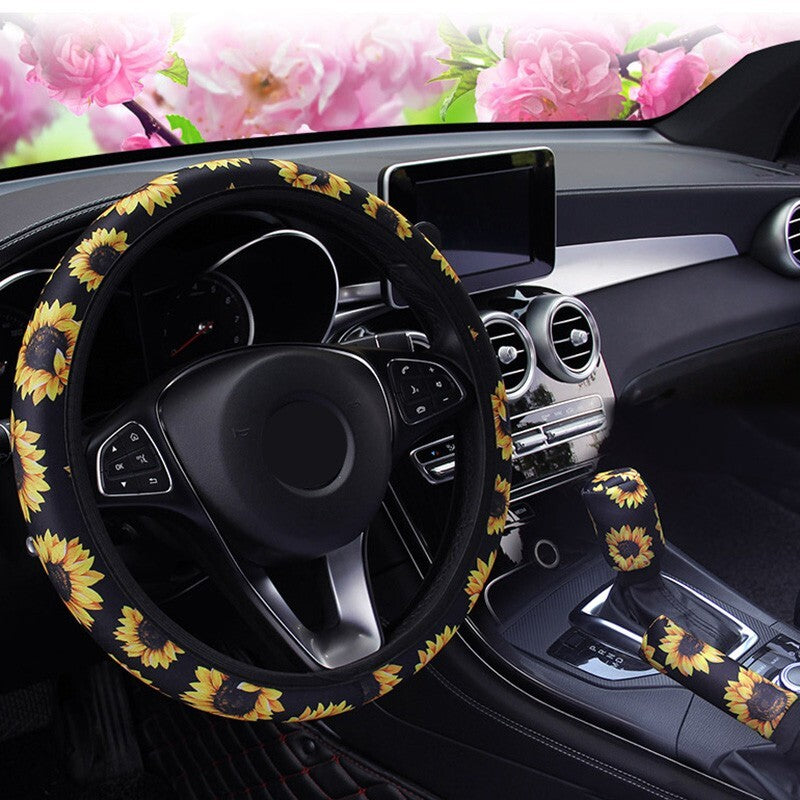 3PCS Car Steering Wheel + Handbrake + Gearshift Cover Sunflower Print