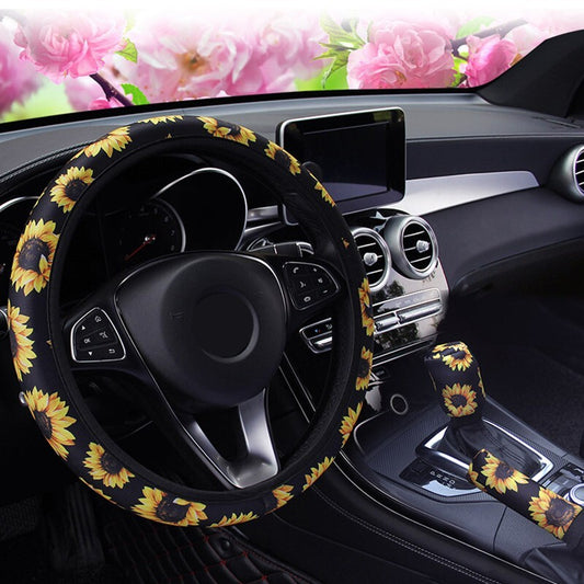 3PCS Car Steering Wheel + Handbrake + Gearshift Cover Sunflower Print
