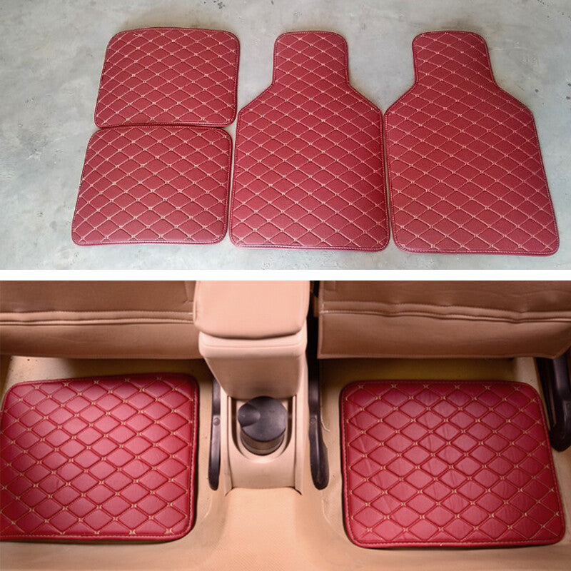 4pcs Red Leather Car Floor Mats, Quilted Design, Waterproof Lining, Durable n