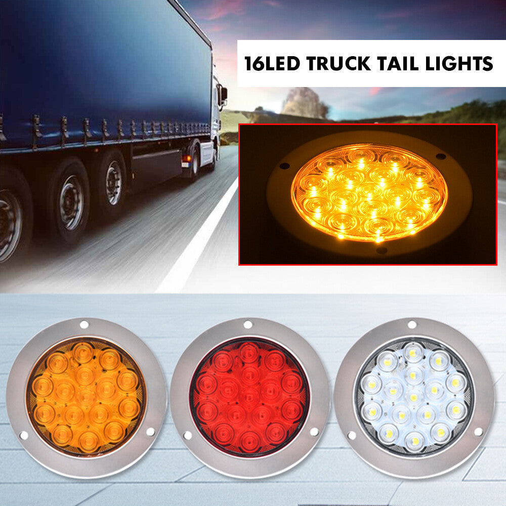 2-Pack 4-inch Chrome 16-LED Round Truck Trailer Rear Stop Turn Brake Light Cable Rings n
