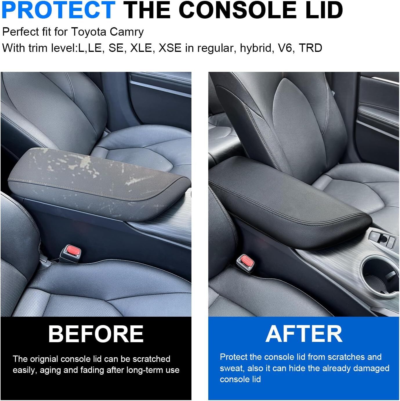 Suitable for Camry 2018 - 2023. Black needle leather console cover/armrest cover. n