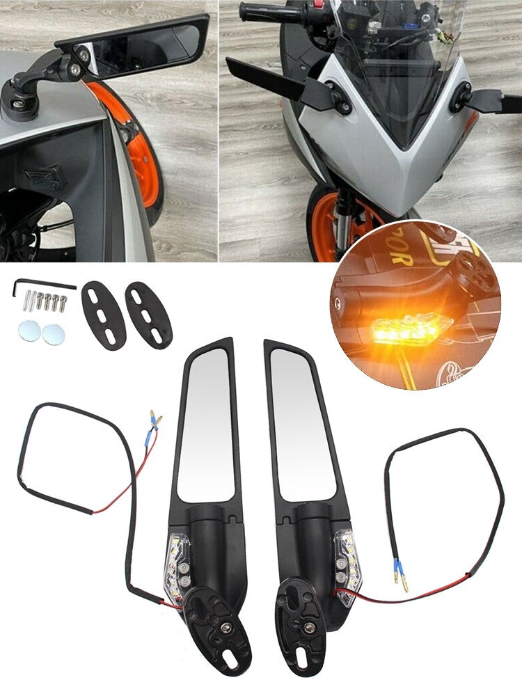 2X Universal Motorcycle Rearview Side Mirror Wind Swivel Wing With LED Light AT