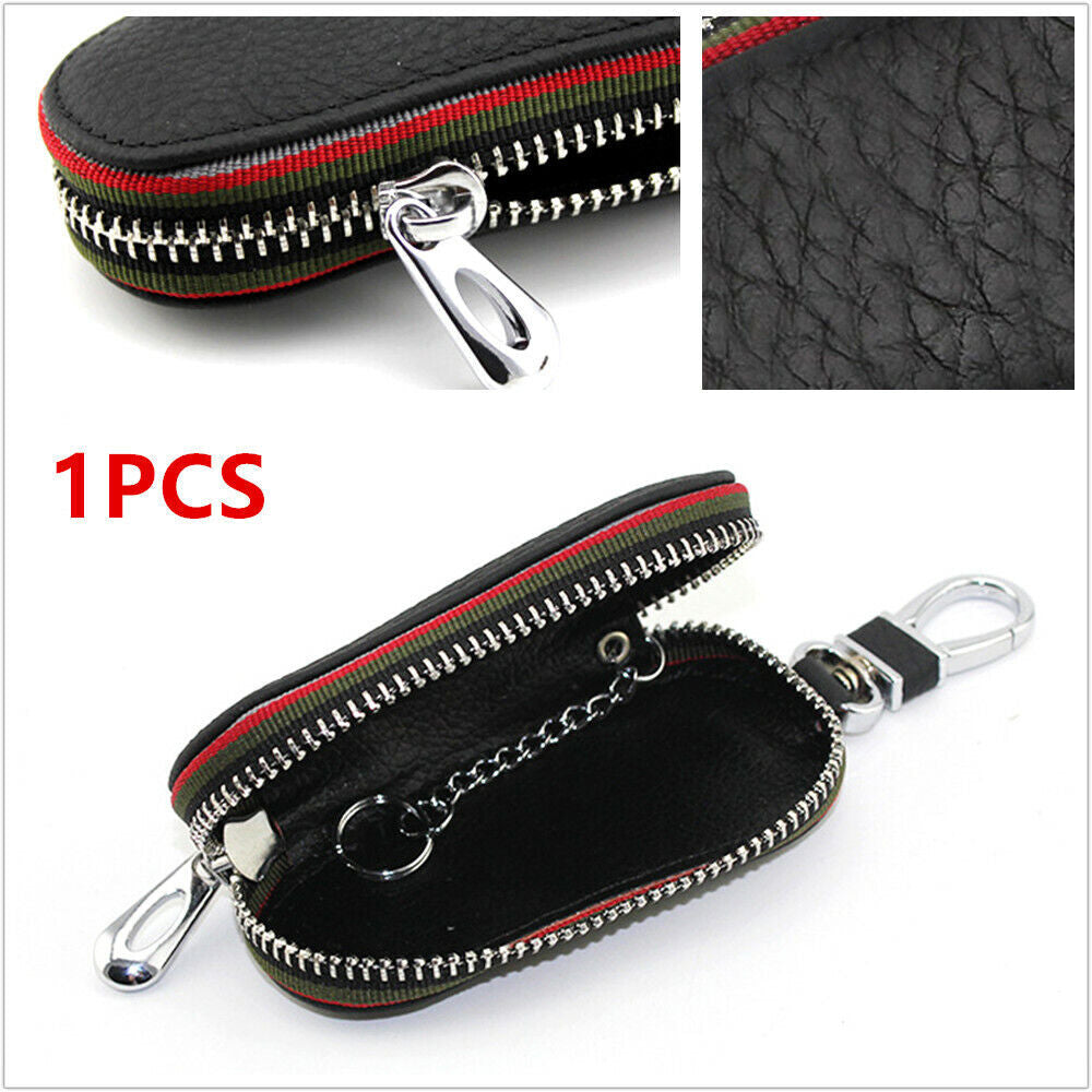 1-piece car key case with leather feet, zipper, key chain, remote control protective cover - n