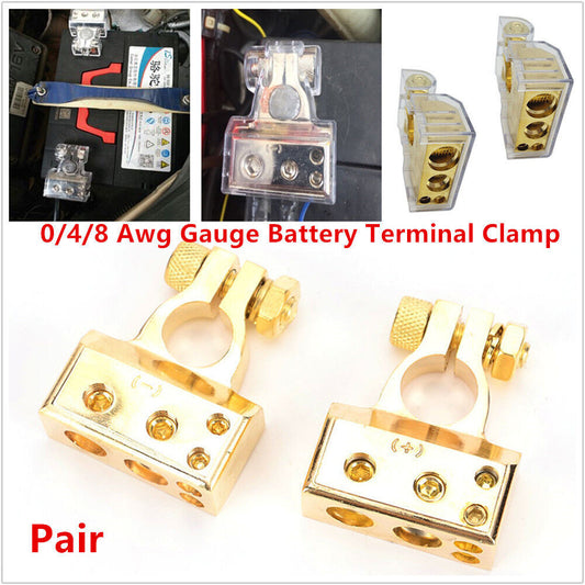 pair of gold 0/4/8 Awg gauge automotive positive and negative battery terminal clip kit - n