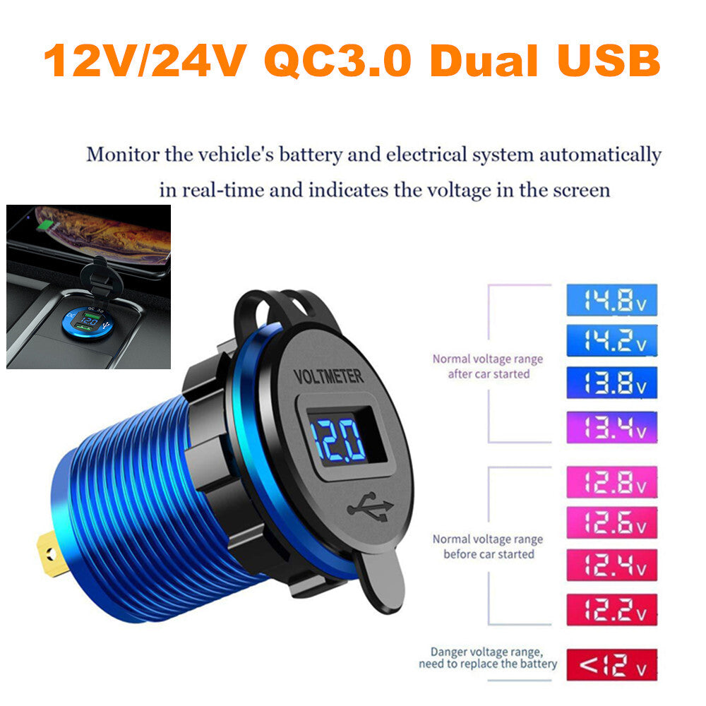 12V/24V Dual QC3.0 USB Fast Charger Socket Power Adapter with LED Voltmeter n