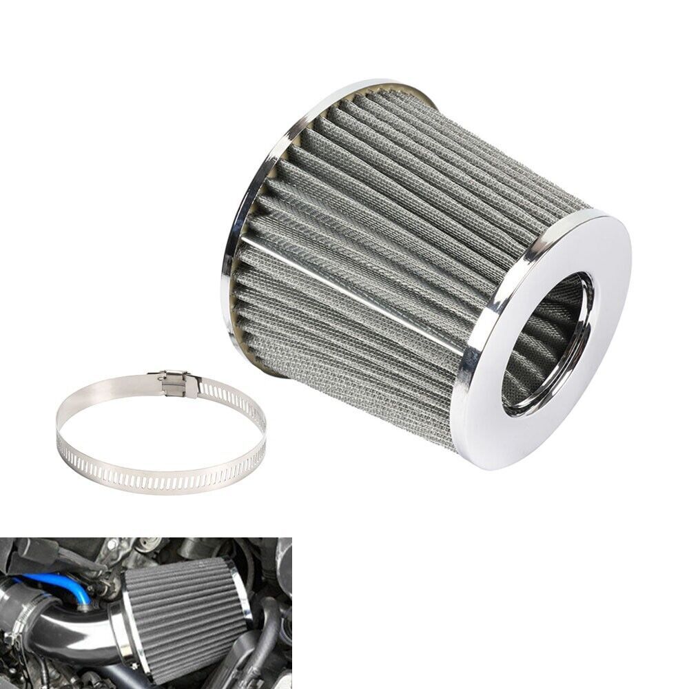 Silver 3/76mm High Flow Inlet Cold Air Intake Cone Replacement Dry Air Filter Q