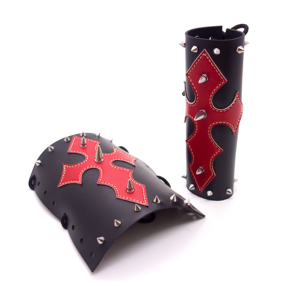 New Motorcycle Black Red Cross PU Leather Front Fork Cover With Chrome spikes Q