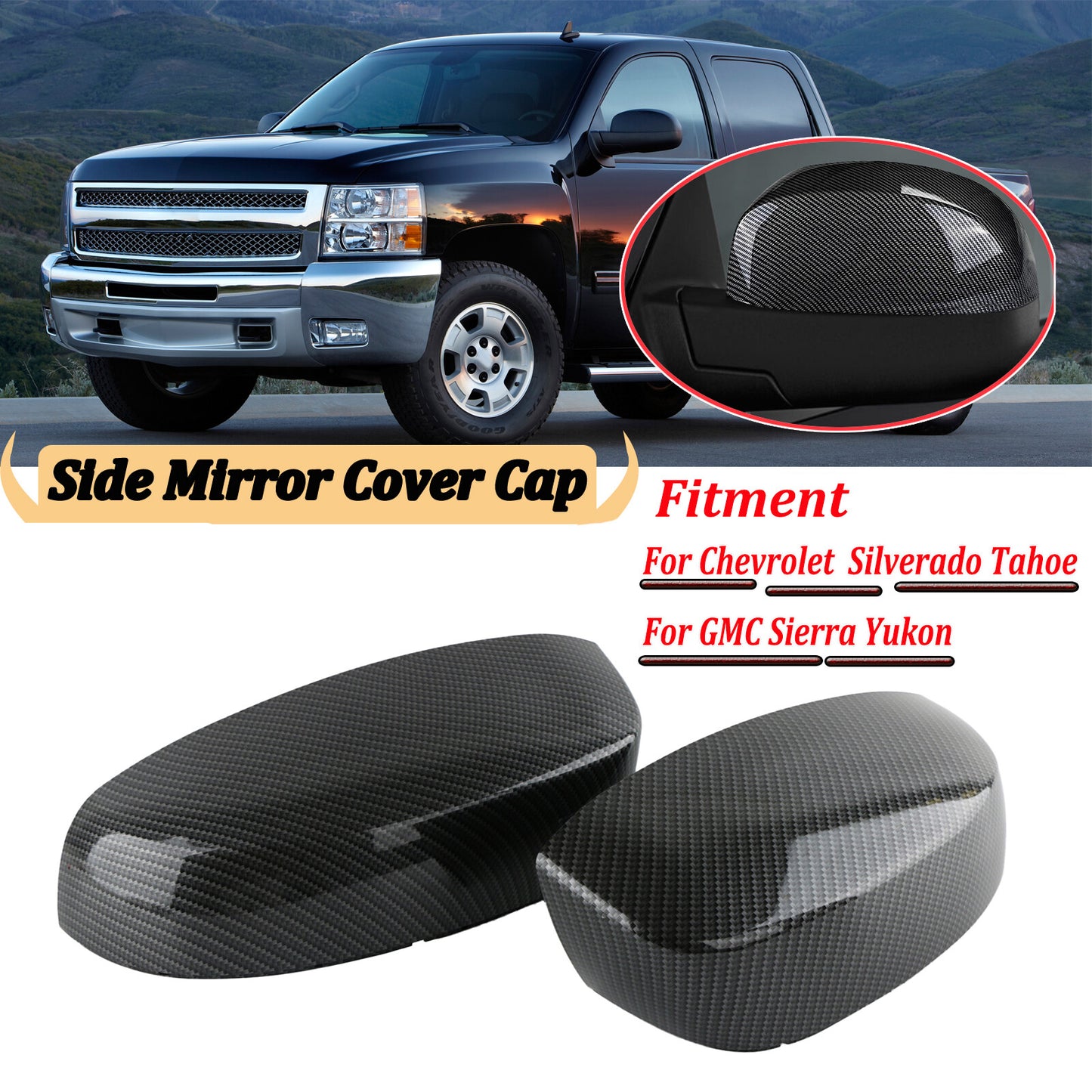 Two-piece carbon fiber mirrored cover for Tahoe Silverado for Sierra Suburban 2007-2013
