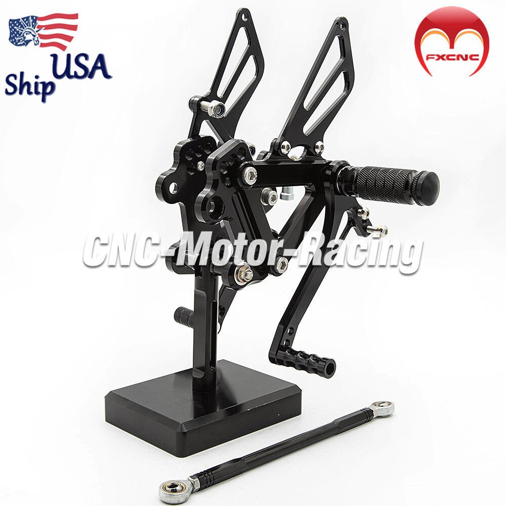 CNC geared footstool with foot spikes and pedals suitable for Kawasaki ZZR600 motorcycles manufactured in the in 2005, 2006, 2007, and 2008.