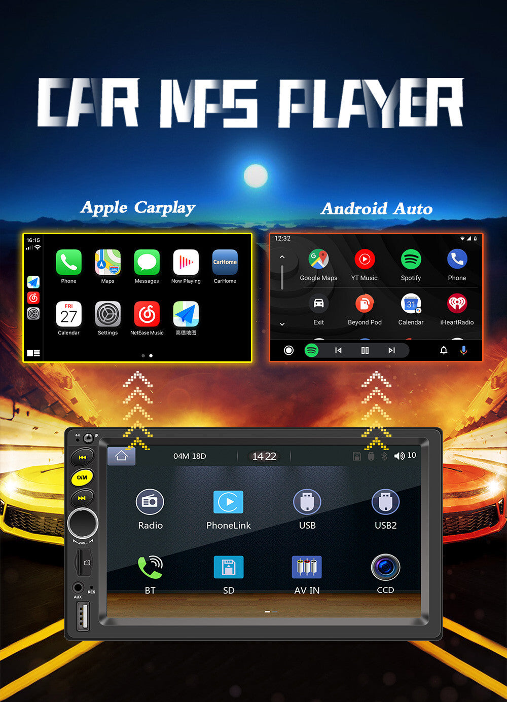 Touchscreen car radio with CarPlay, Android Auto Mirror Link, Bluetooth FM - n
