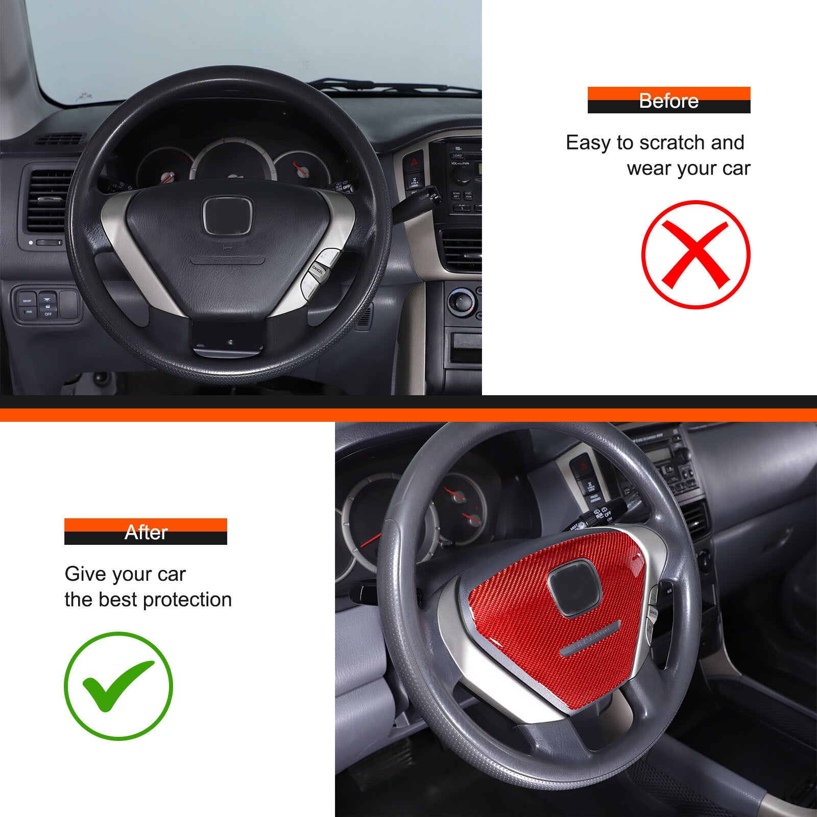 Red carbon fiber steering wheel cover sticker for Honda Pilot 2003-08- n