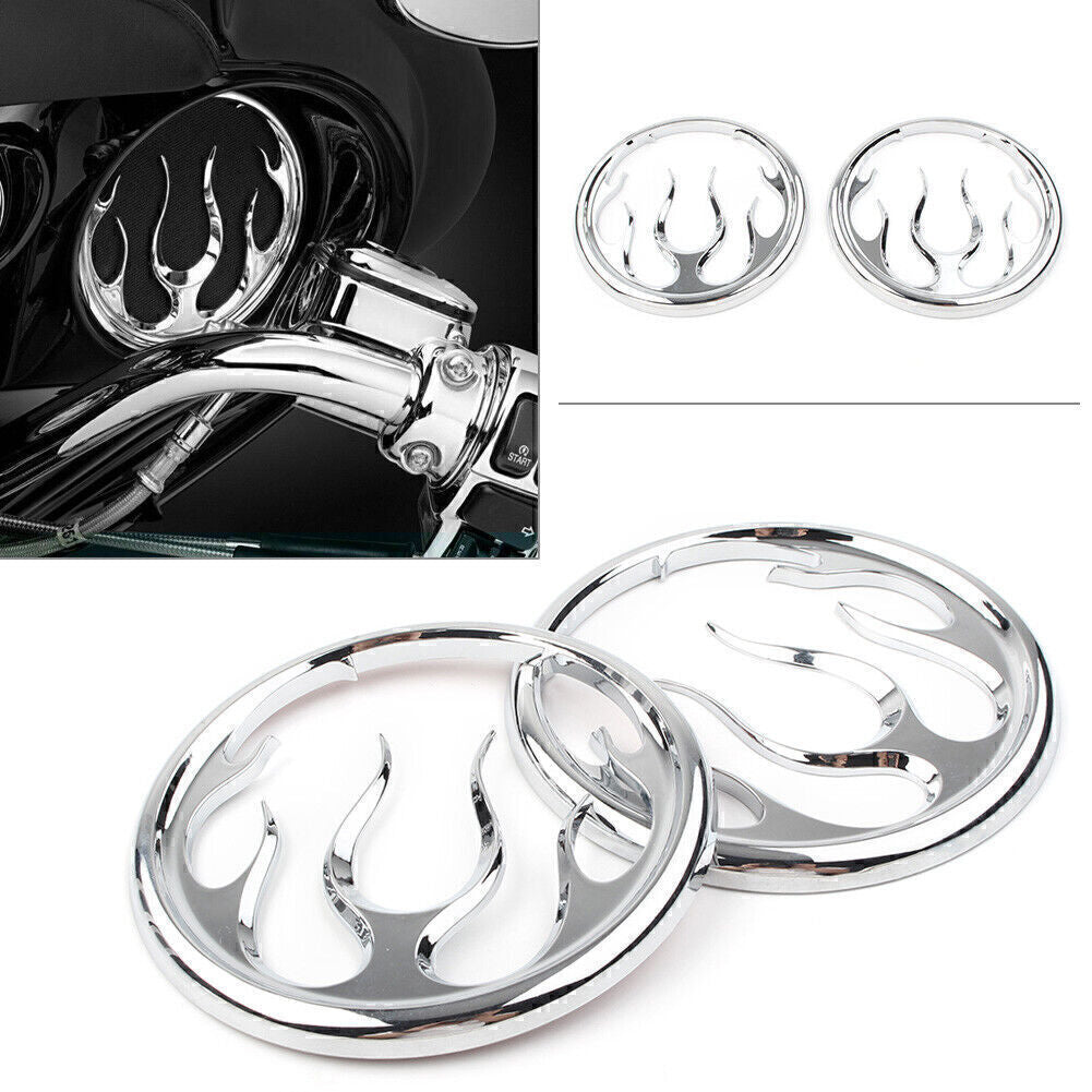 2x Chrome Flame Speaker Grill Accent Cover for Harley Electra Street Glide Tri Q