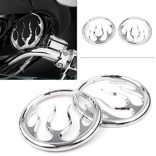 2x Chrome Flame Speaker Grill Accent Cover for Harley Electra Street Glide Tri Q