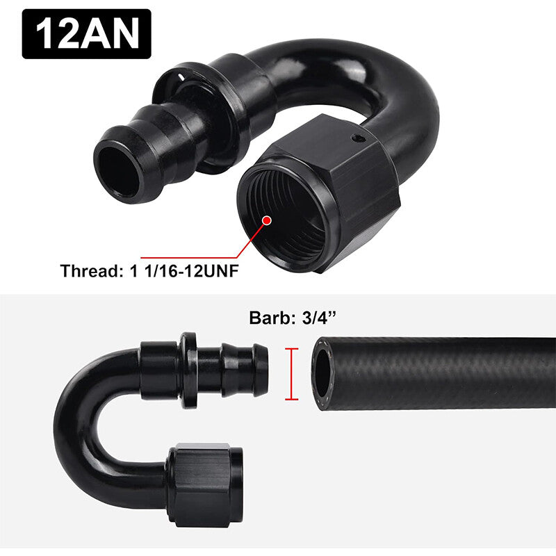 12AN AN12 180 Degree Push-On Hose End Fittings/Adapters Push Lock Barb Black