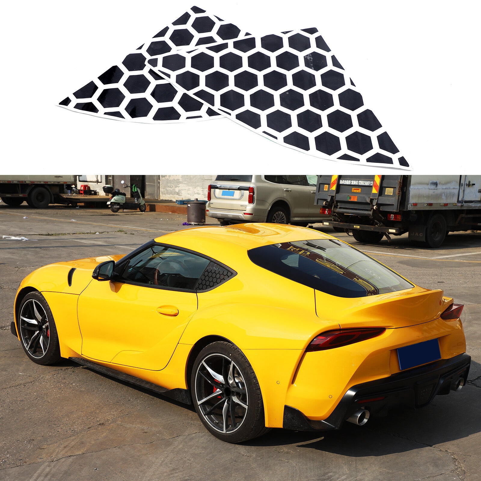 Rear quarter window decals for Toyota Supra 2019, 2020, 2021, 2023, Black.
