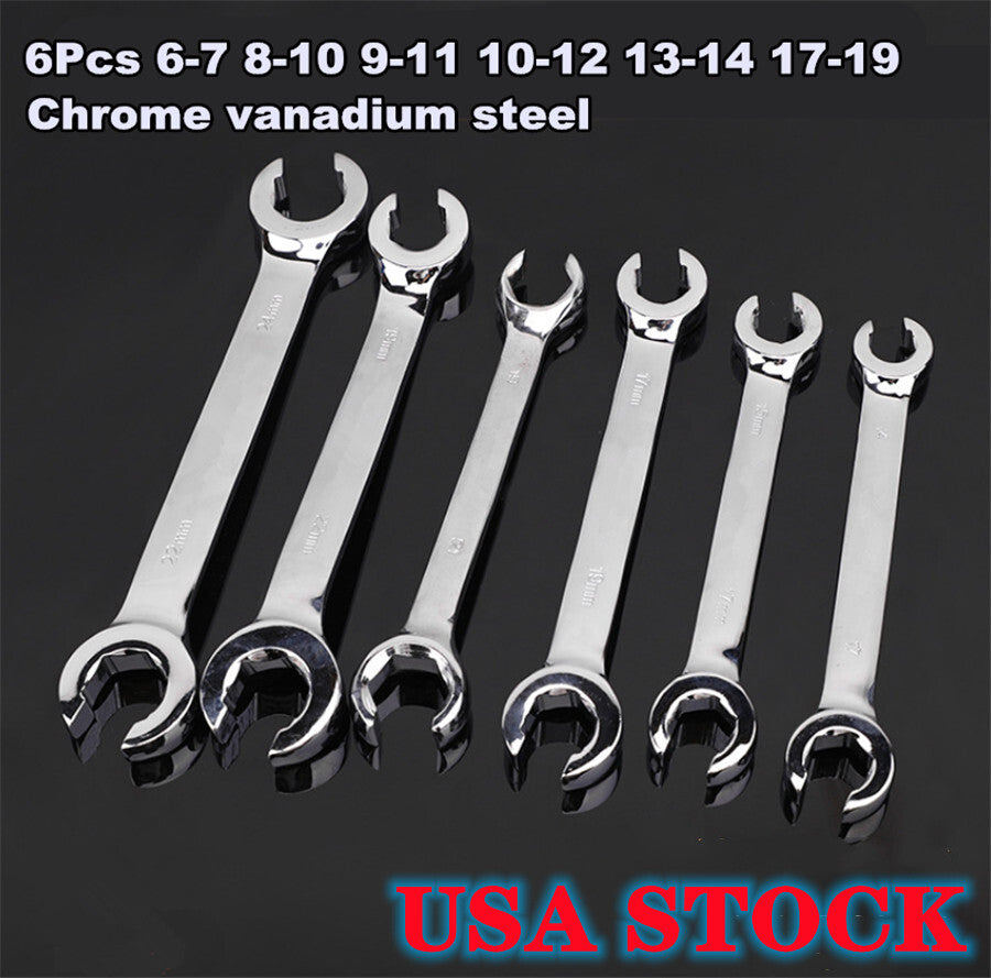 6Pcs 6 Point Chrome Vanadium Steel 6mm-19mm Metric Flared Nut Spanner Wrench Set Q