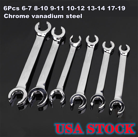 6Pcs 6 Point Chrome Vanadium Steel 6mm-19mm Metric Flared Nut Spanner Wrench Set Q