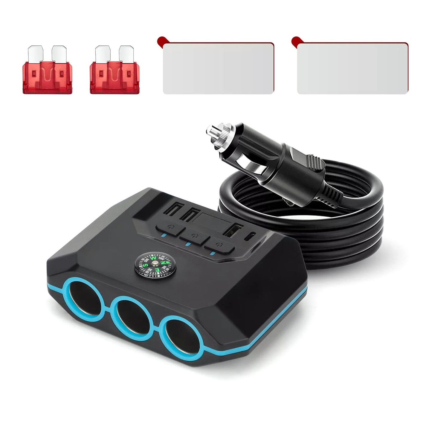 Car 3 Way Cigarette Lighter Socket USB Charger Splitter Power Adapter 12V~24V