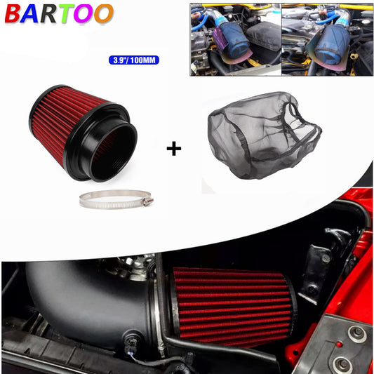 Red 4 100mm Dry Air Filter Inlet Cold Air Intake Cone+Air Filter Dust Cover Q