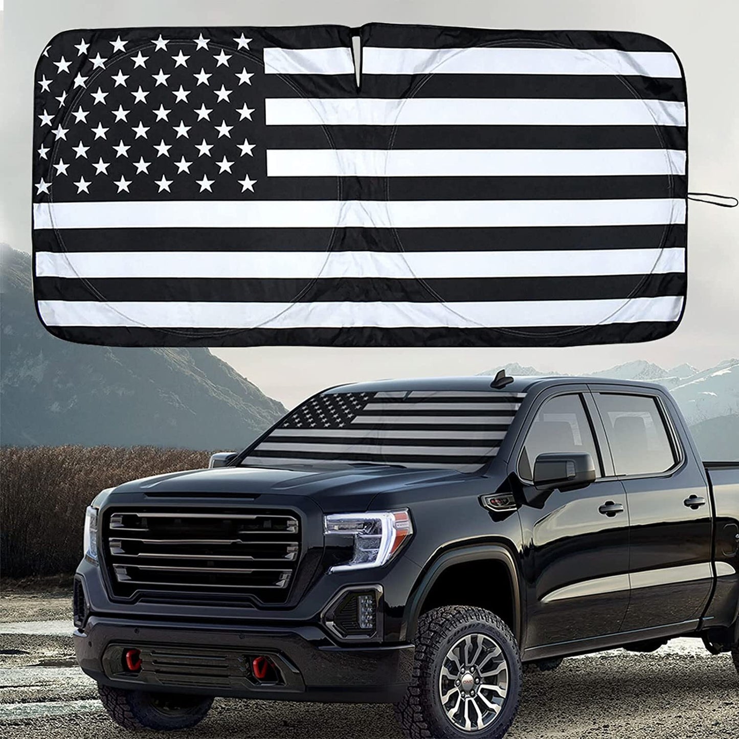 Sunshade and UV protection cover for the American flag windshield of Frontier Cab. n