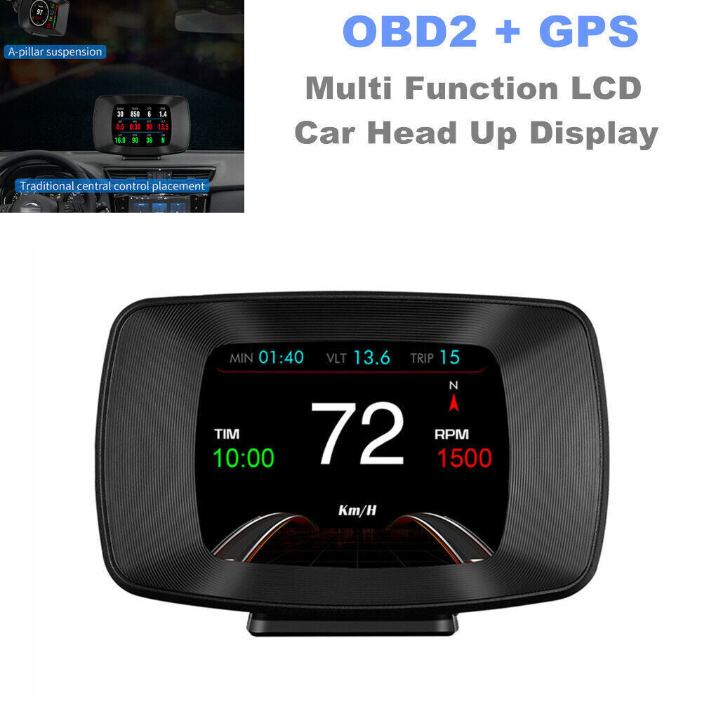 OBD2 GPS Instrument Panel LCD Car Head-Up Display for Speedometer RPM/Alarm Temperature KM/h MPH- n