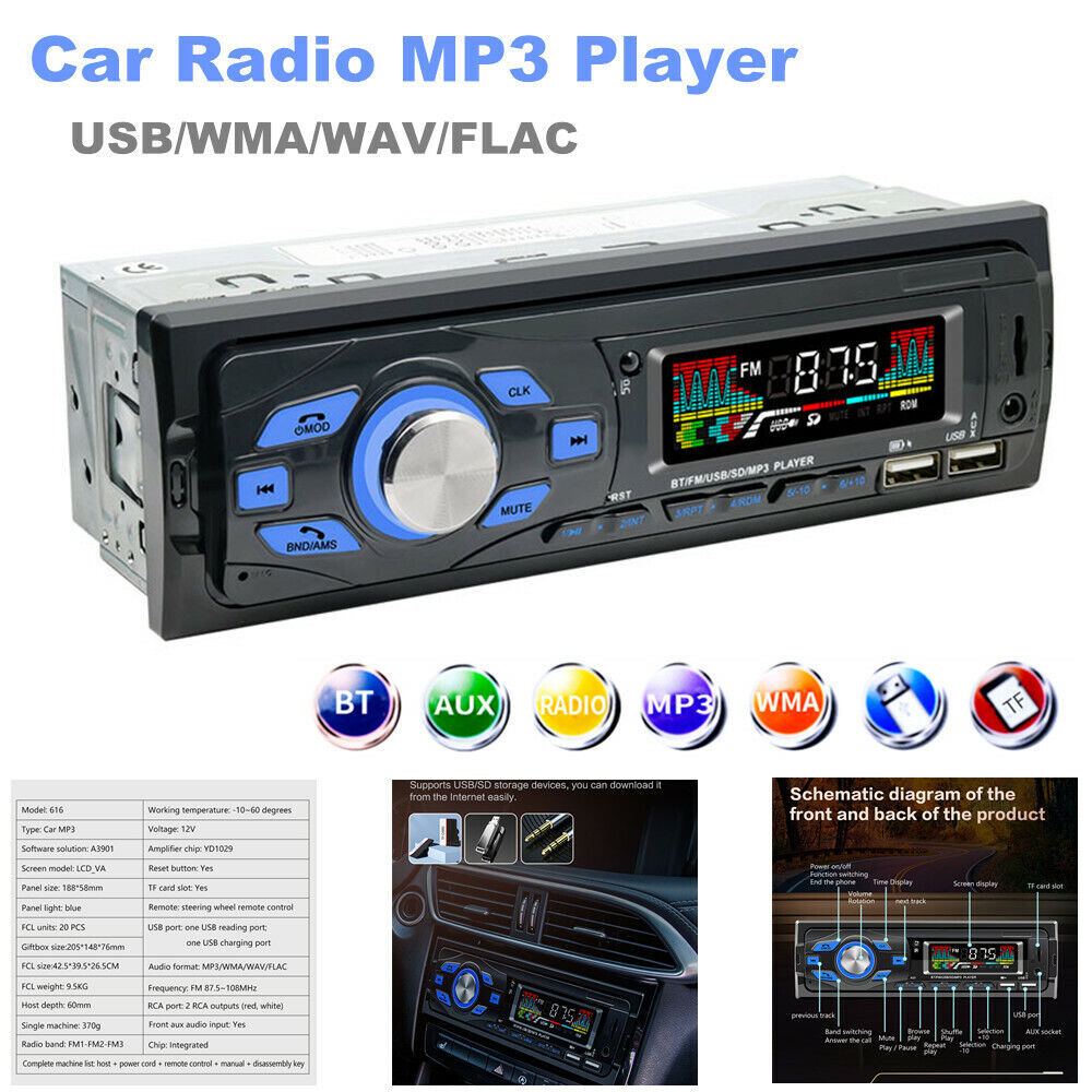 Car radio, MP3 player, Bluetooth hands- , USB flash drive, USB charger with MA/WAV/FLAC support. n