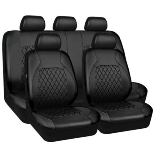 9-piece leather 5- for seat car for seat cover set with front and rear full interior cushions (Blac-)
