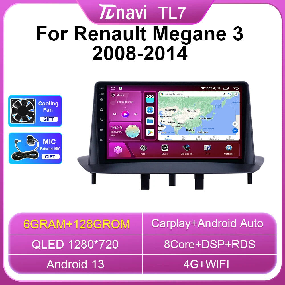 for Renault Megane 3 Fluence Samsung SM3 2008-2014 Car Radio CarPlay GPS Screen