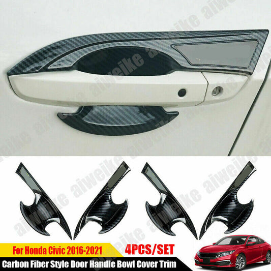 4for Honda for Civic 10th 2016-2021 Carbon Fiber Style Door Handle Bowl Cover Trims