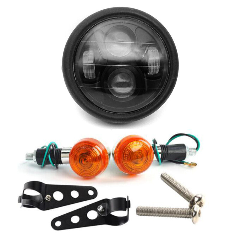12V Retro Motorcycle 6.5-inch LED Metal Headlight + Turn Signal Light + Mount Kit n