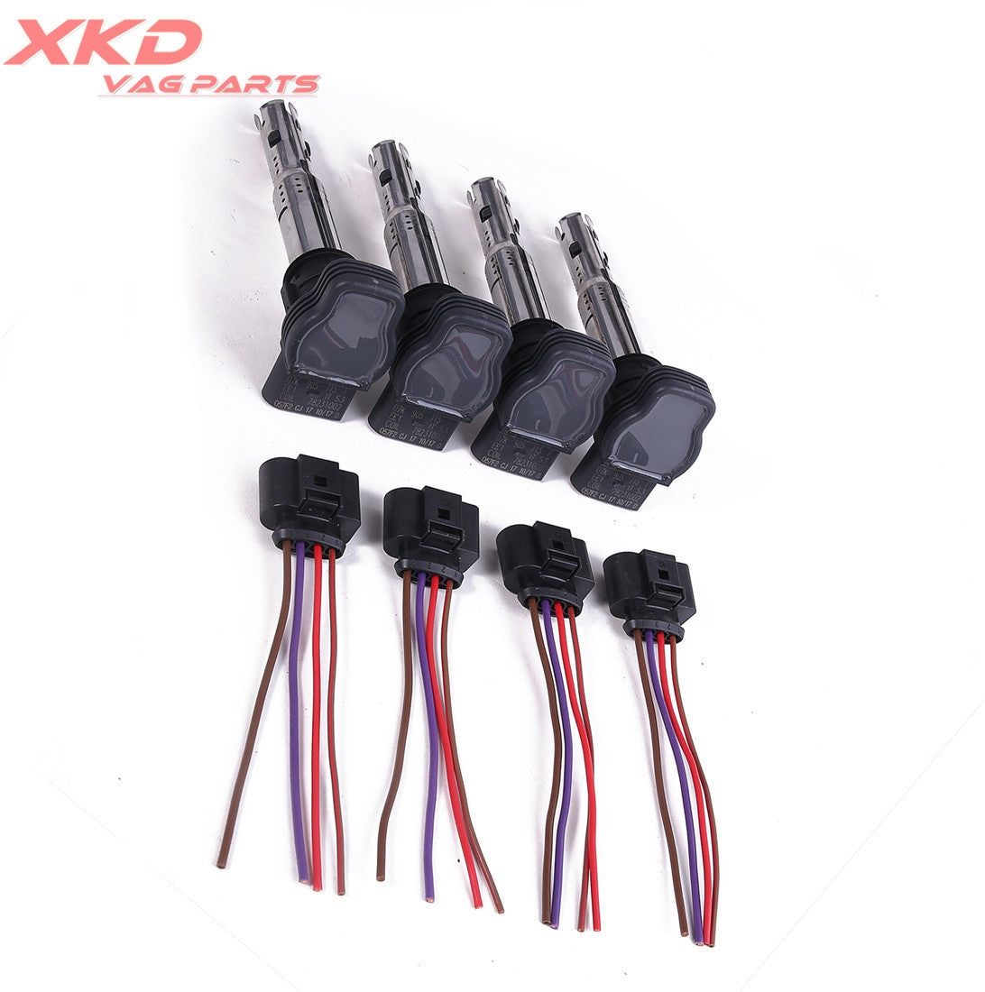 4-piece ignition coil + plug kit suitable for Volkswagen CC, for Golf , for Jetta Eos, for Passat , for Tiguan , for Audi A4, A6